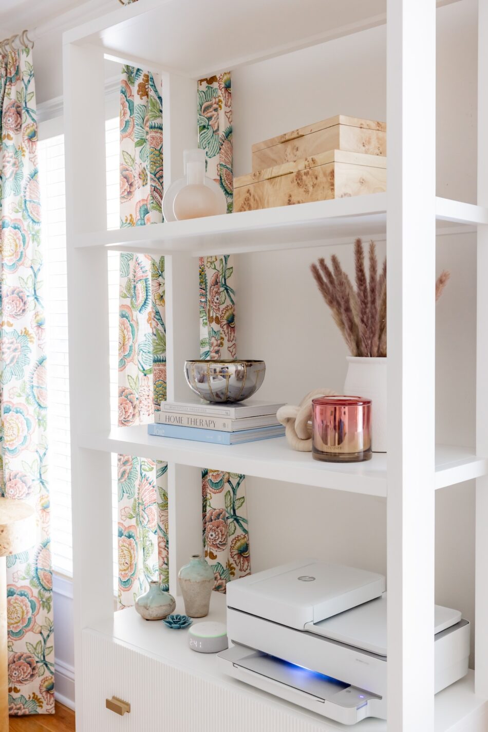living-room-shelf-with-decor-and-white-printer
