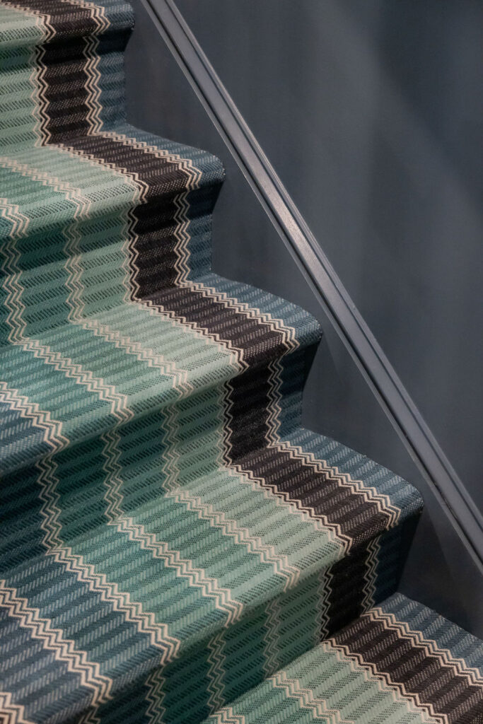 Missoni carpet on basement stairs in Ridgefield CT interior design project