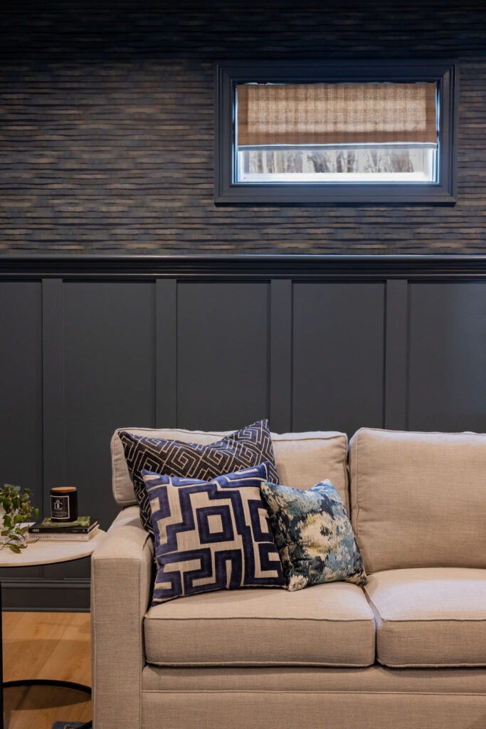 Custom wool plaid Roman shades in basement renovation Ridgefield CT